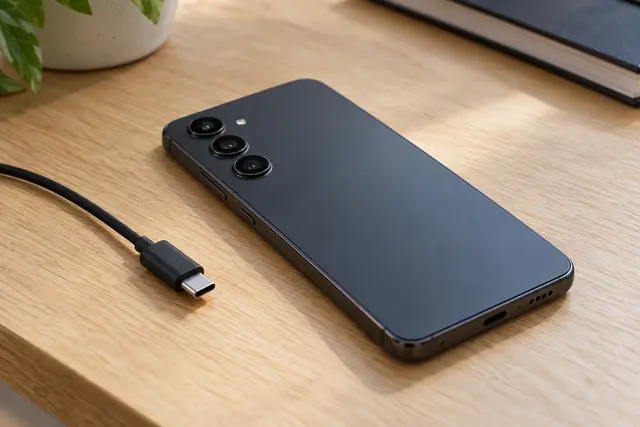 Masa üzerinde Android telefonun arka kamera bölümü ve USB kablosu