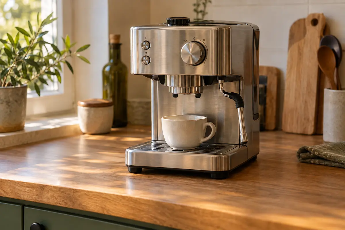 Mutfak tezgâhında espresso makinesi, buhar çubuğu ve fincan