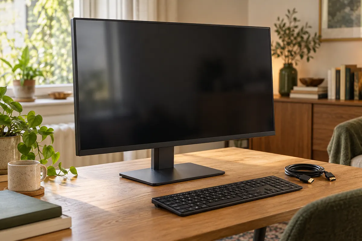 Çalışma masasında monitörün ekranı, ayağı ve bağlantı kablosu