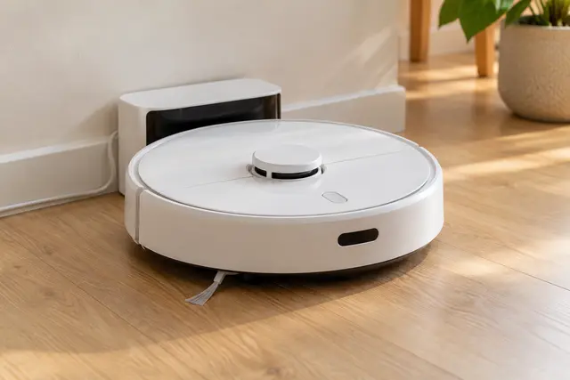 Ahşap zeminde şarj istasyonu önündeki robot süpürge