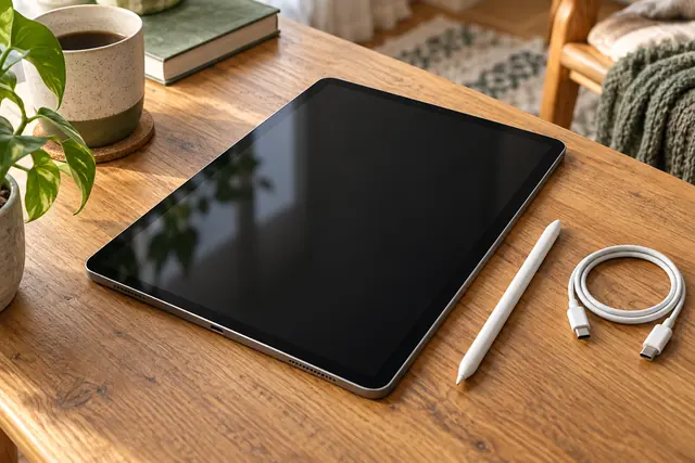 Ahşap masada ekranı kapalı tablet, kalem ve katlanır kılıf